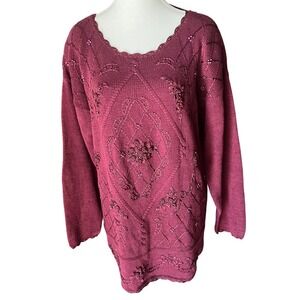 Vtg Selleca Women's Medium Beaded‎ Embellished Knit Sweater Burgundy Grandmacore